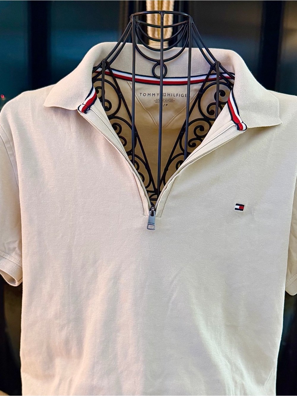 Tommy Hilfiger Cream Short-Sleeve Half-Zip Polo with Flag Detail